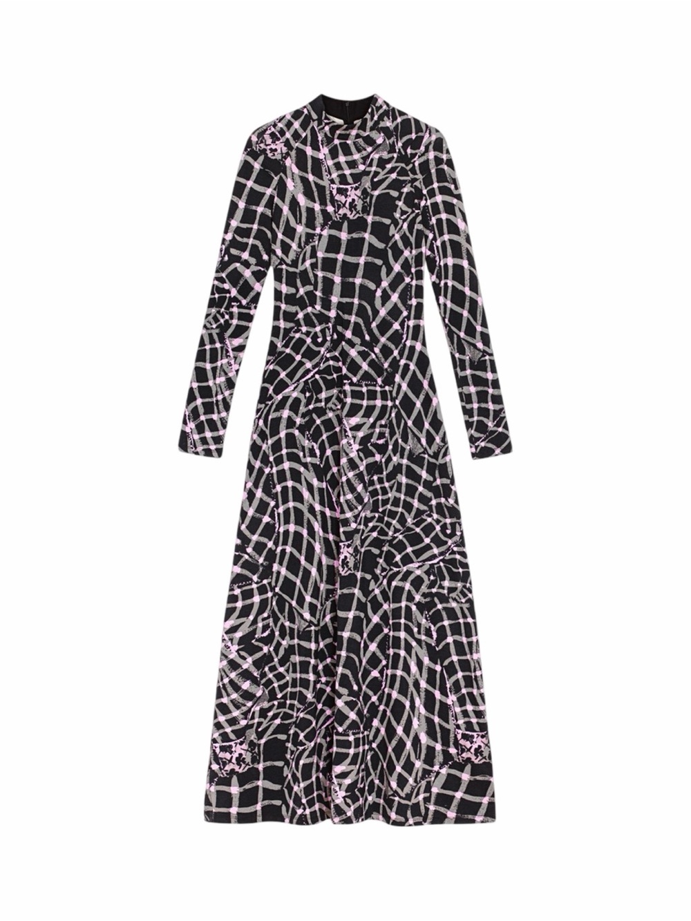 Black & Light Pink Grid-Print Long Sleeve Maxi Dress